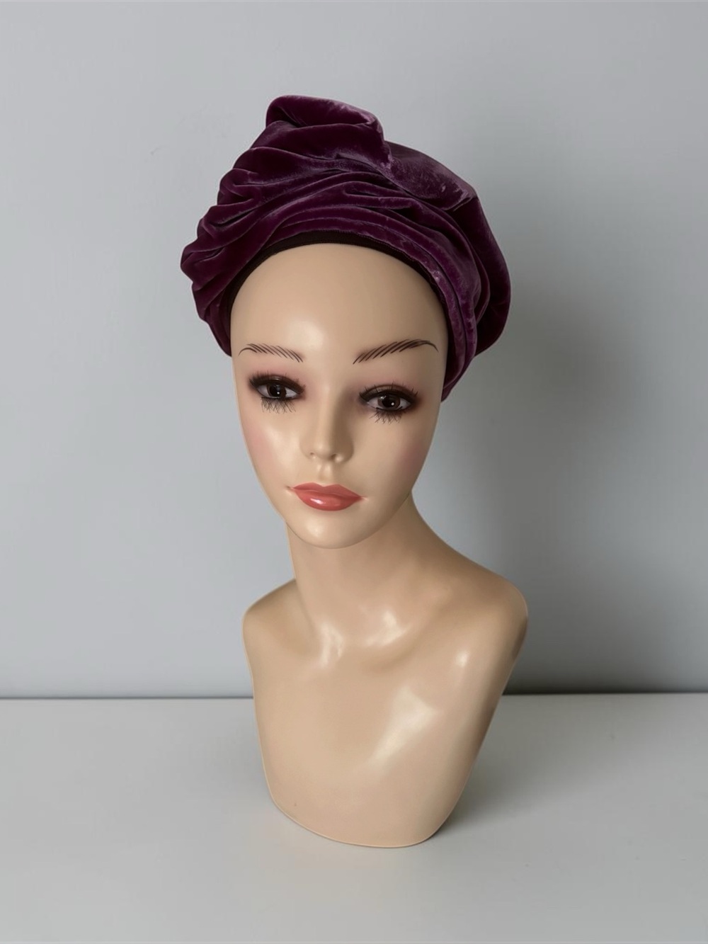 Vintage deep magenta pre-tied velvet turban with pleated detailing